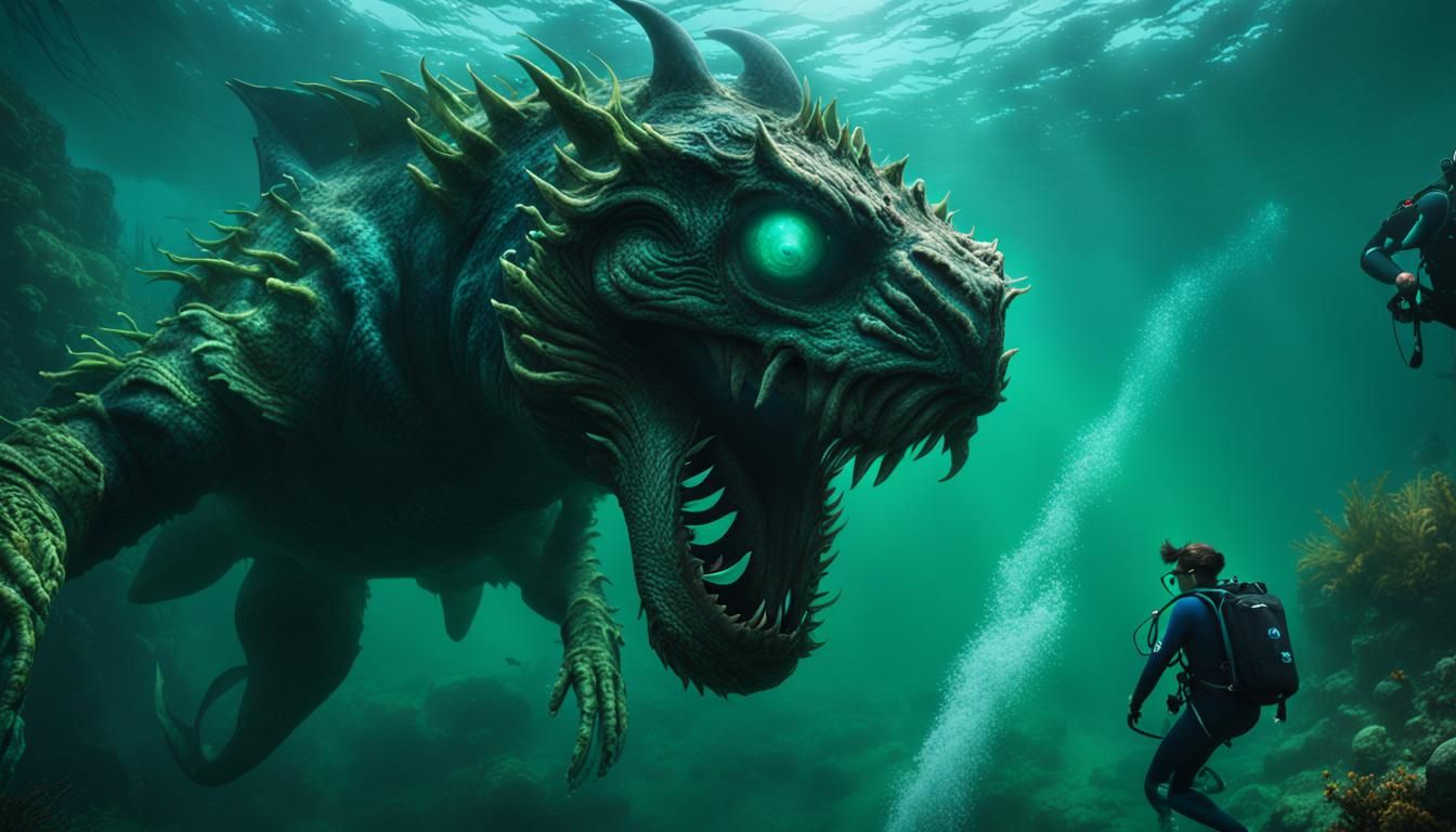 Diver and Monster in Deep Water: Fantasy Concept Art