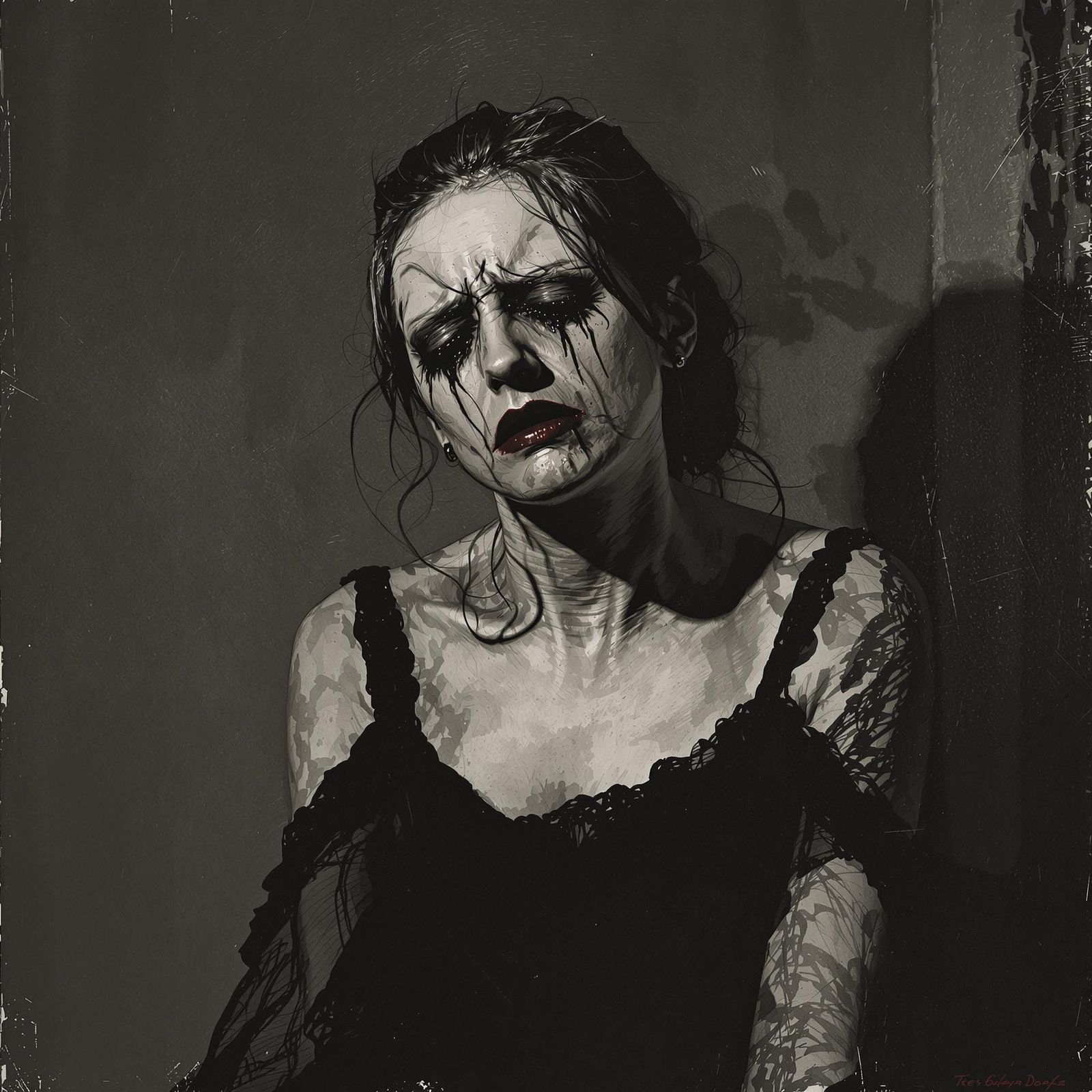 A Woman Overwhelmed with Sorrow in a Haunting, Monochromatic...