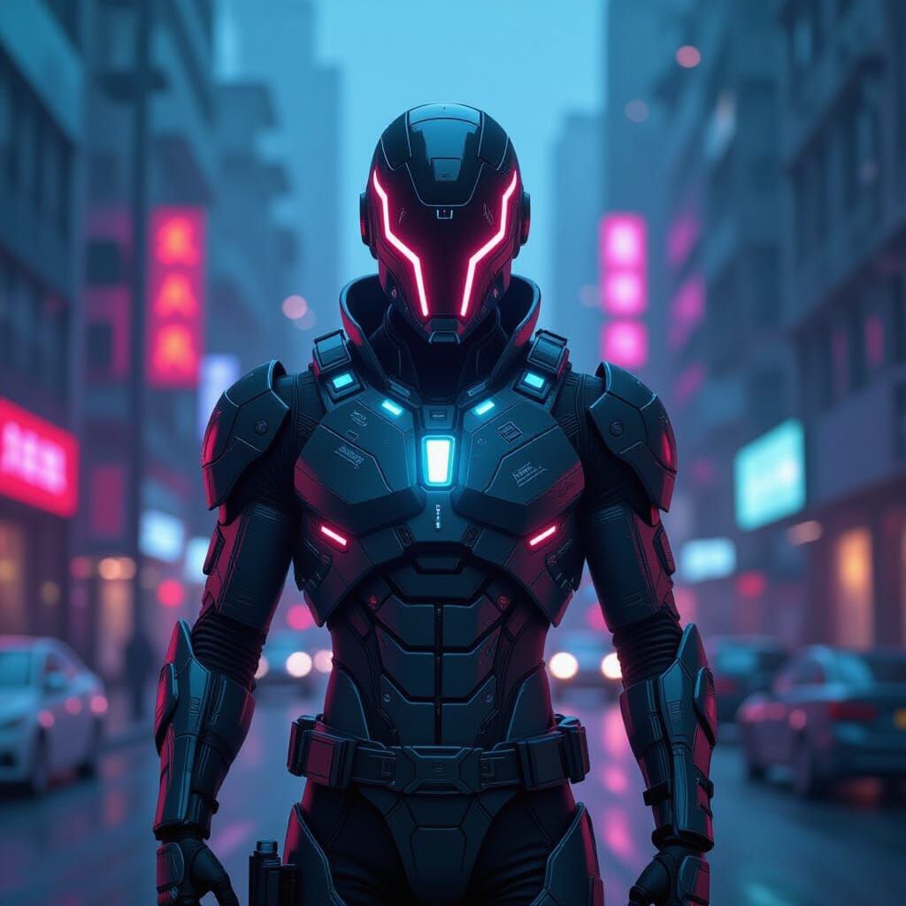 Cyberpunk Figure in Neon Cityscape Illustration