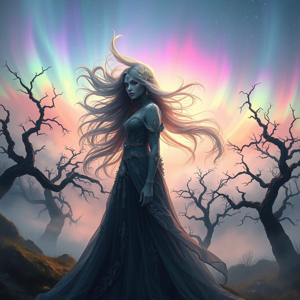 Majestic Woman in Vibrant, Ethereal Landscape with Ancient T...