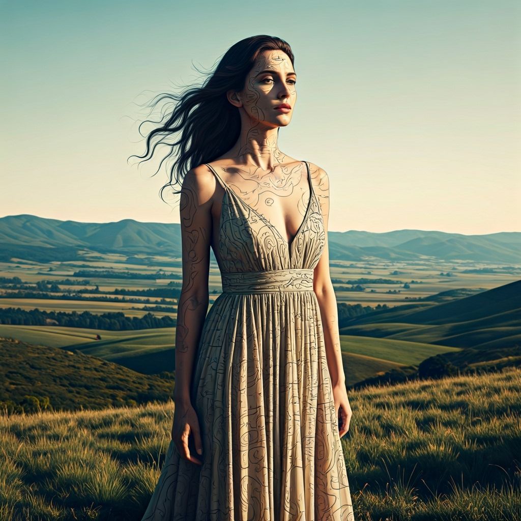 Map contour lines superimposed on a lady