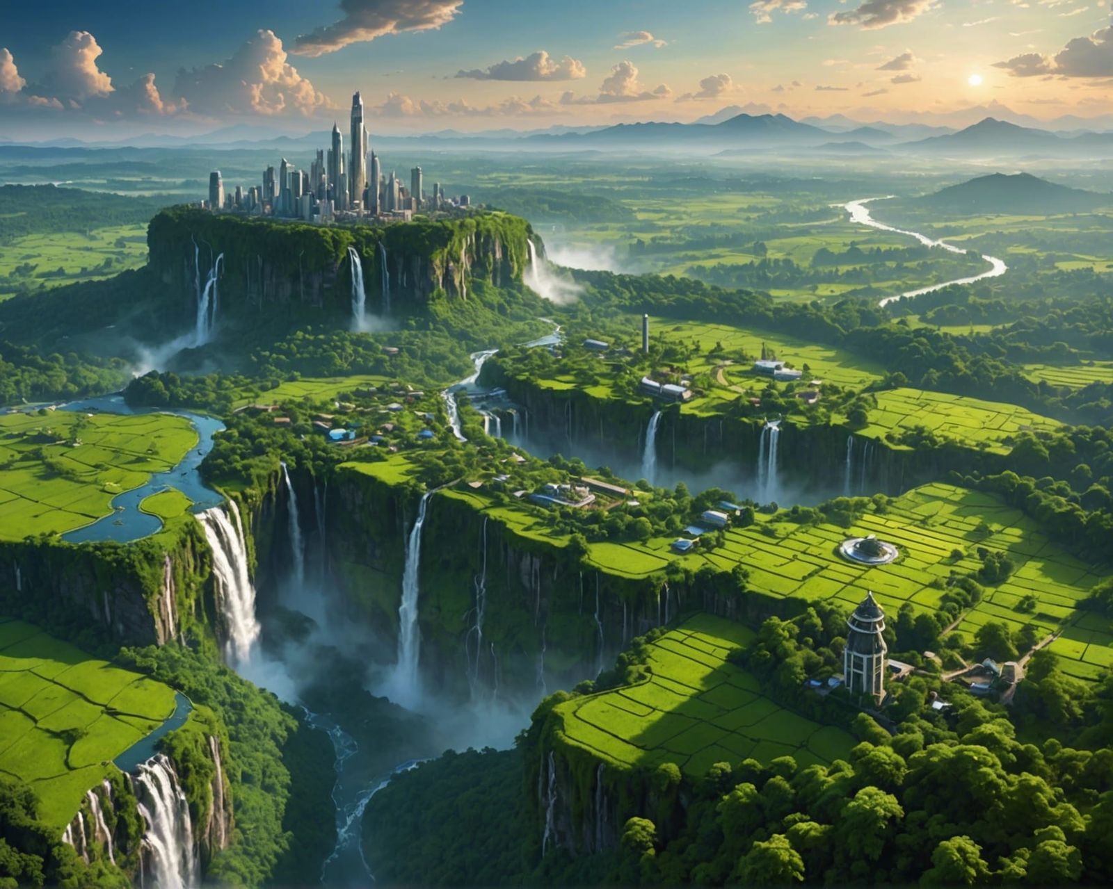 Utopian City Embraced by Waterfalls at Twilight