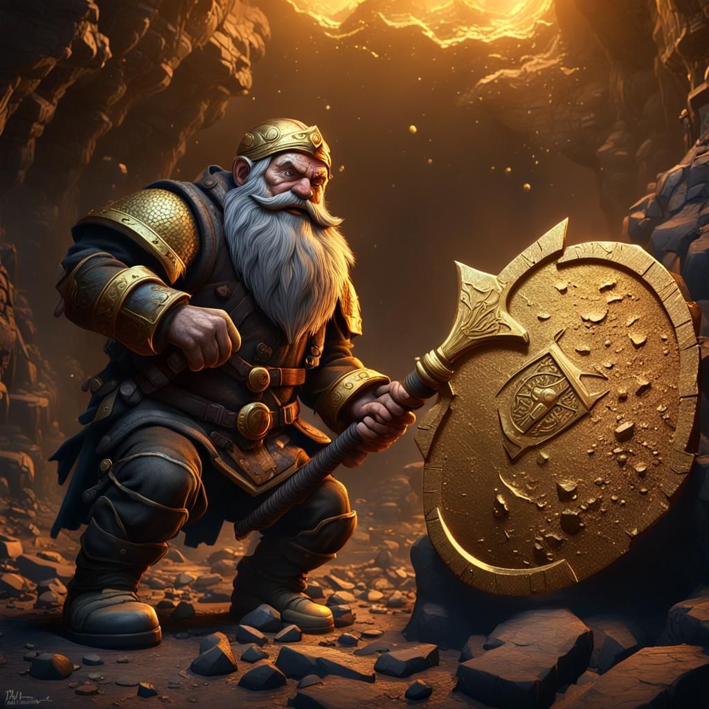 Dwarf Miner Discovering Gold Vein in Matte Painting