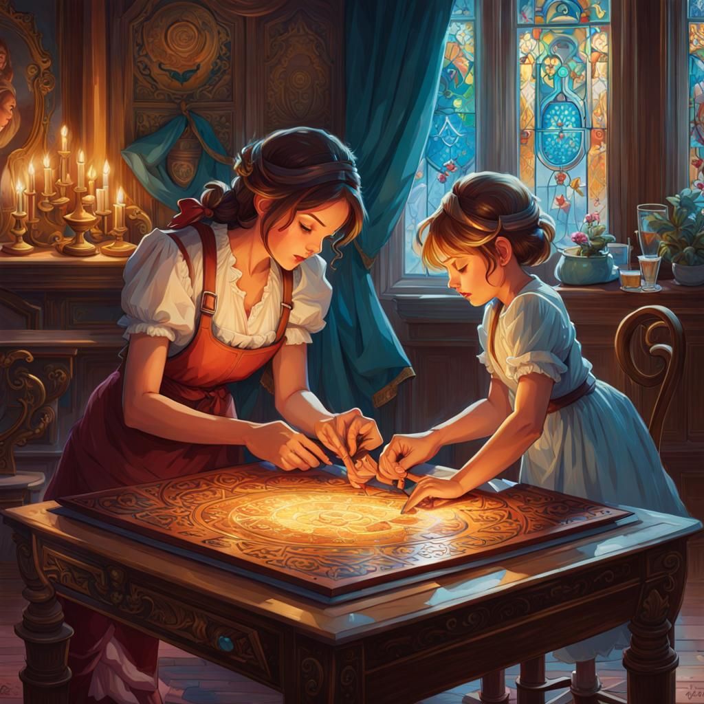 Mother and Daughter Playing Jigsaw Puzzle in Gouache Style