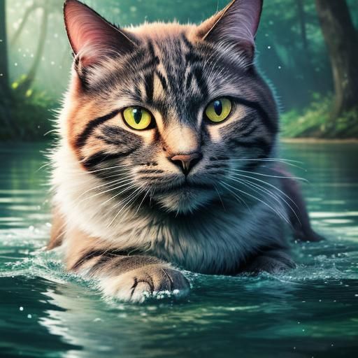 Hyperrealistic Cat Swimming in Forest Lake