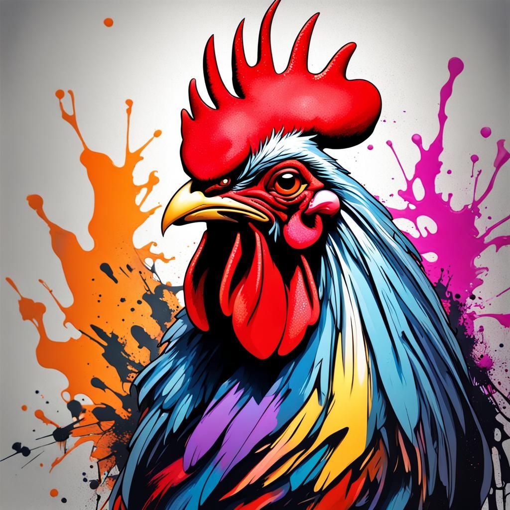 Buff Humanoid Rooster with Tattoos in Graffiti Style