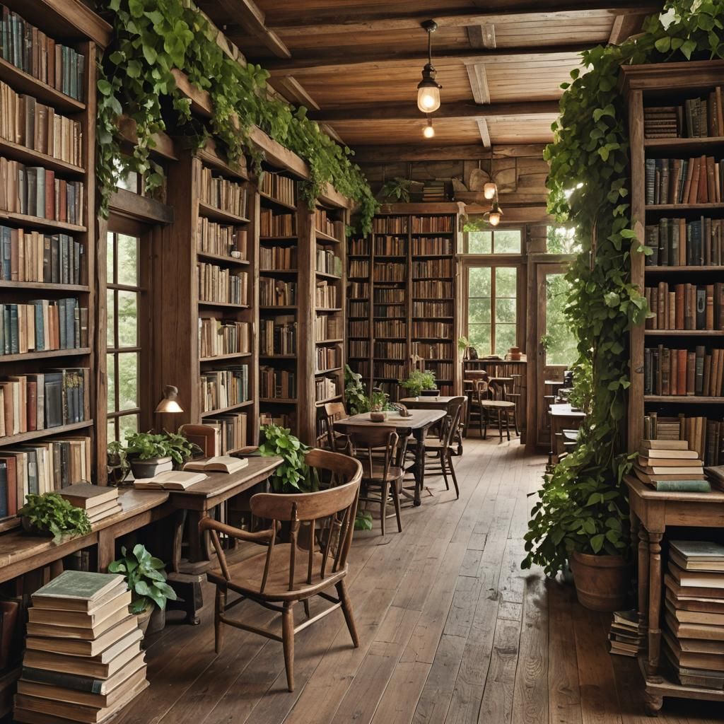Cozy Rustic Library with Books and Plants