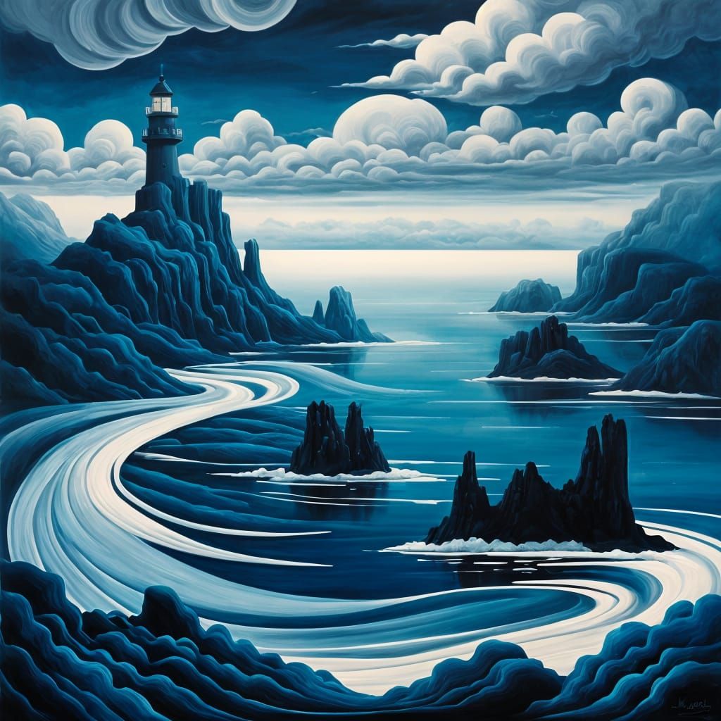 Monochromatic Blue Surreal Landscape with Floating Islands