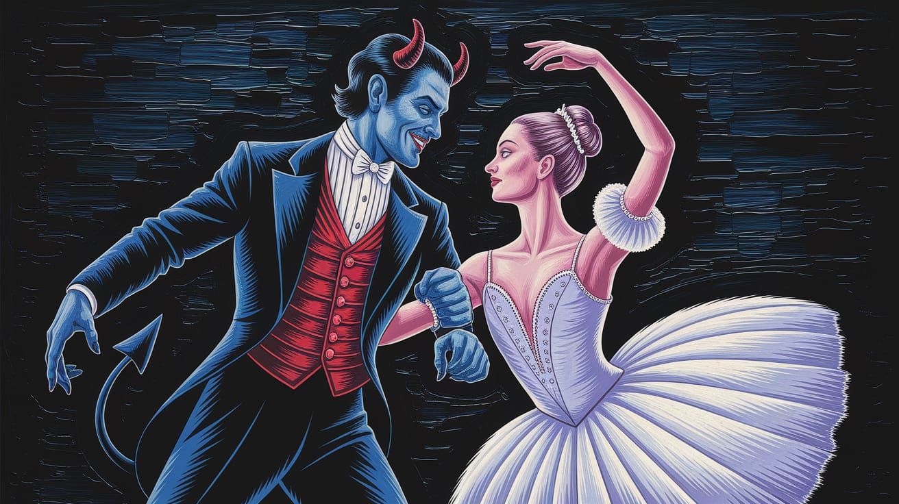 Devil Dances With Ballerina in Textured Impasto Style