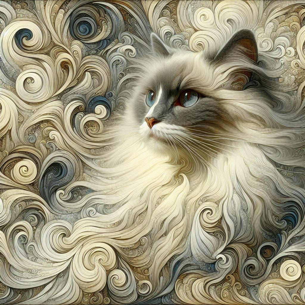 Ragdoll Cat Portrait in Surrealist Oil Painting Style