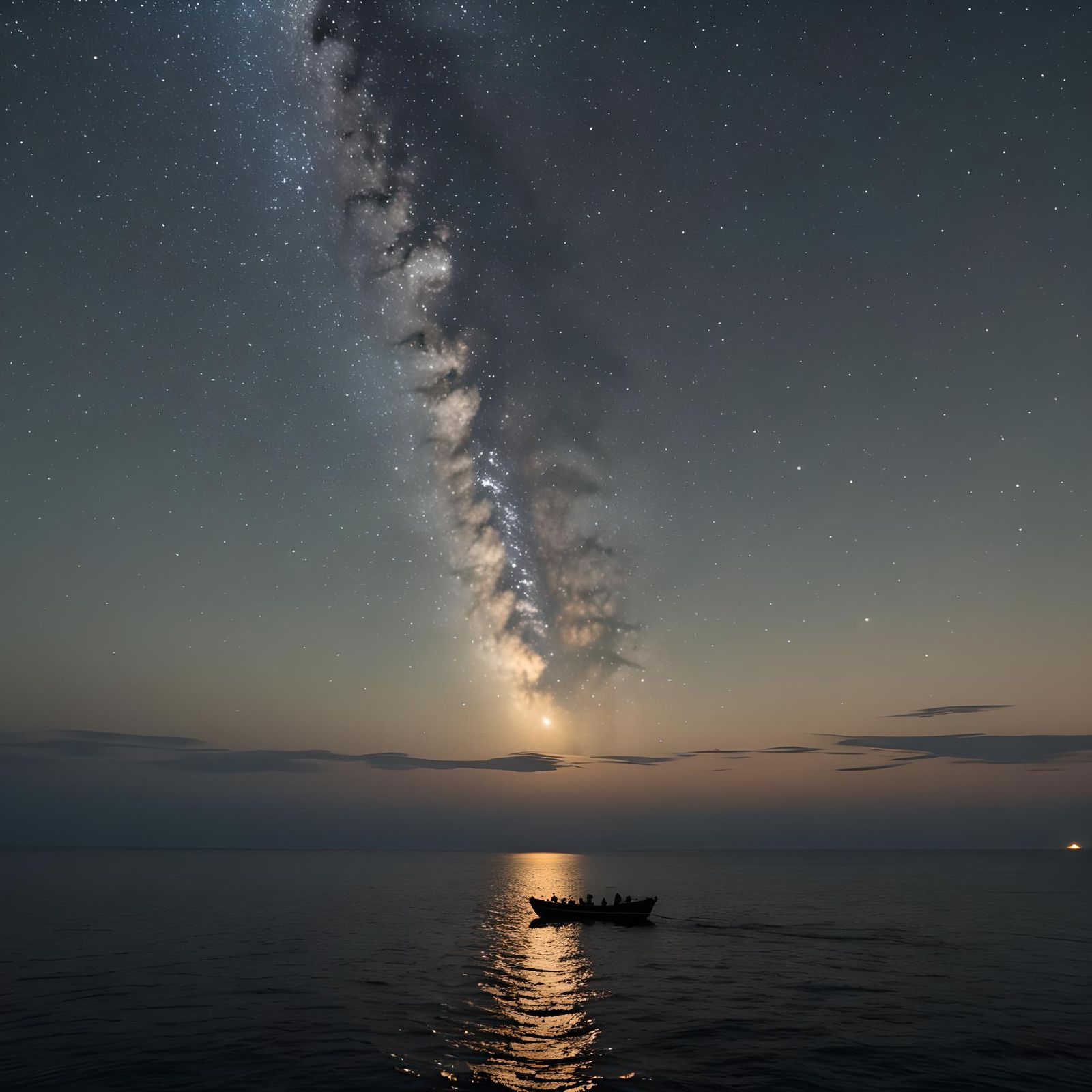 Small Boat on Vast Starry Ocean at Night