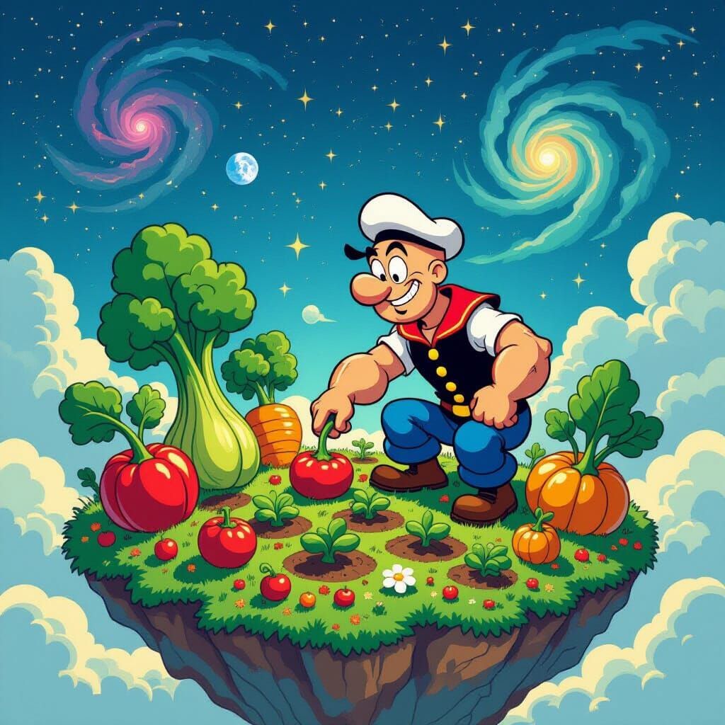 Popeye Tends Cosmic Garden of Giant Vegetables