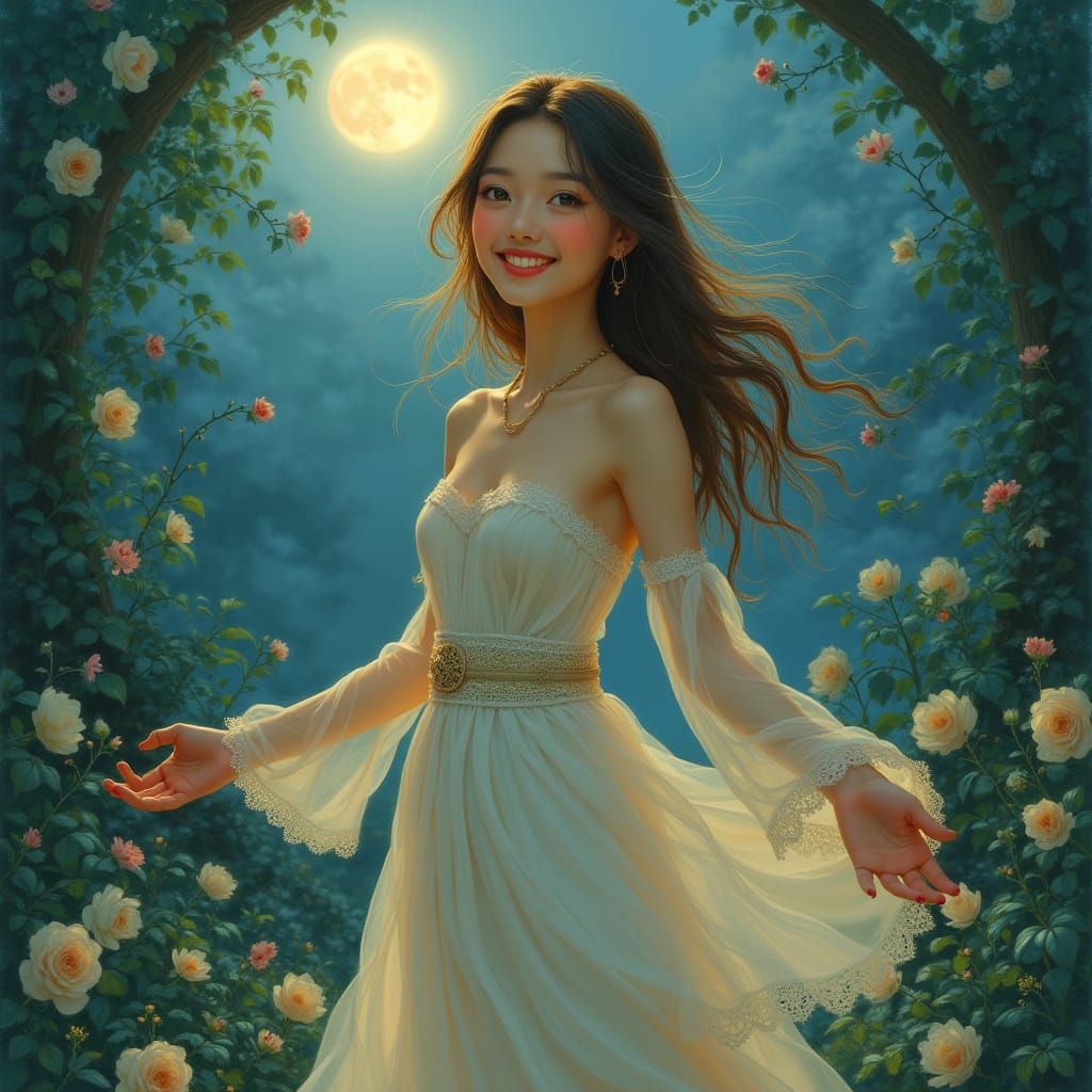 Dreamy Goddess in Moonlit Garden