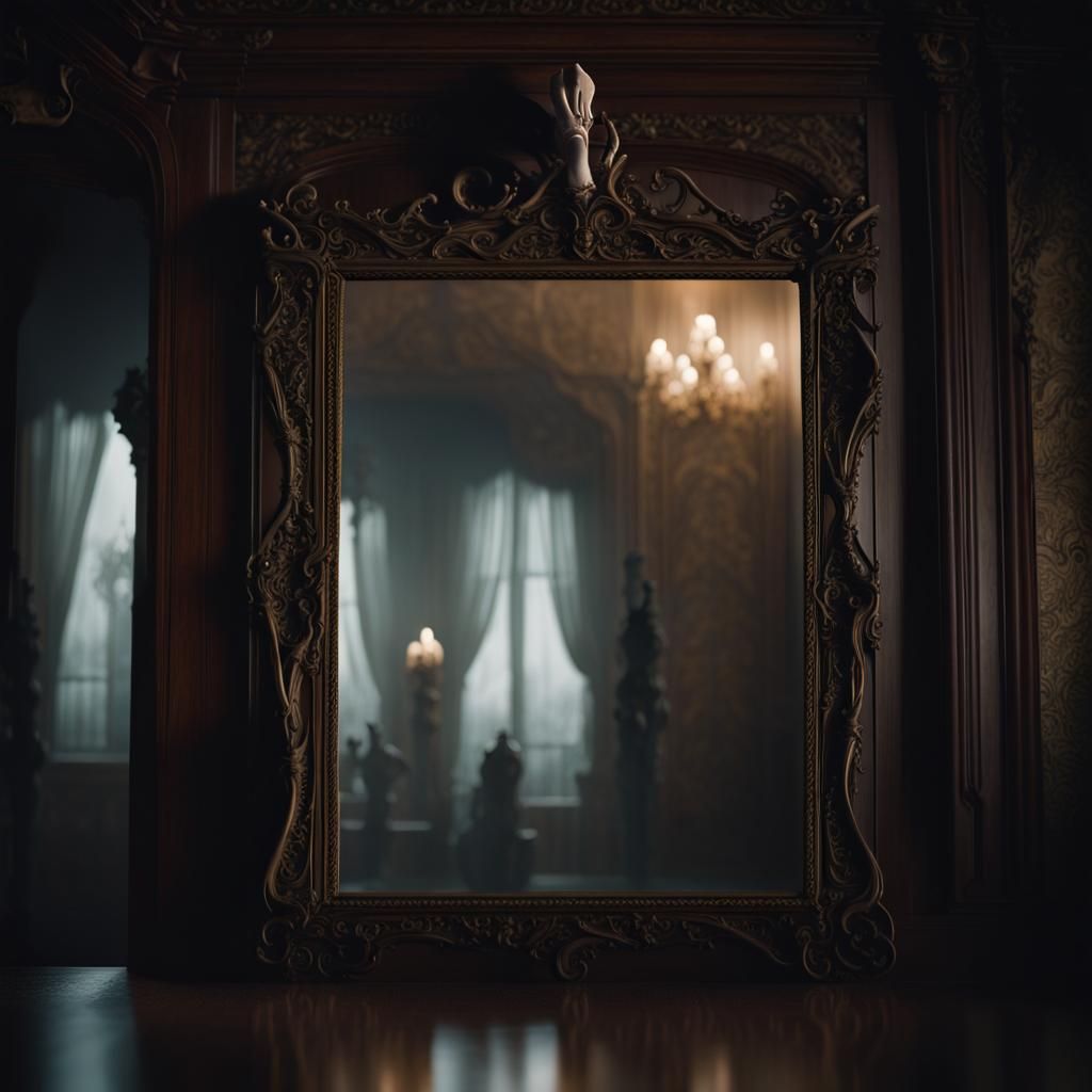 Eerie Skeletal Hand Reaching From Ornate Mirror