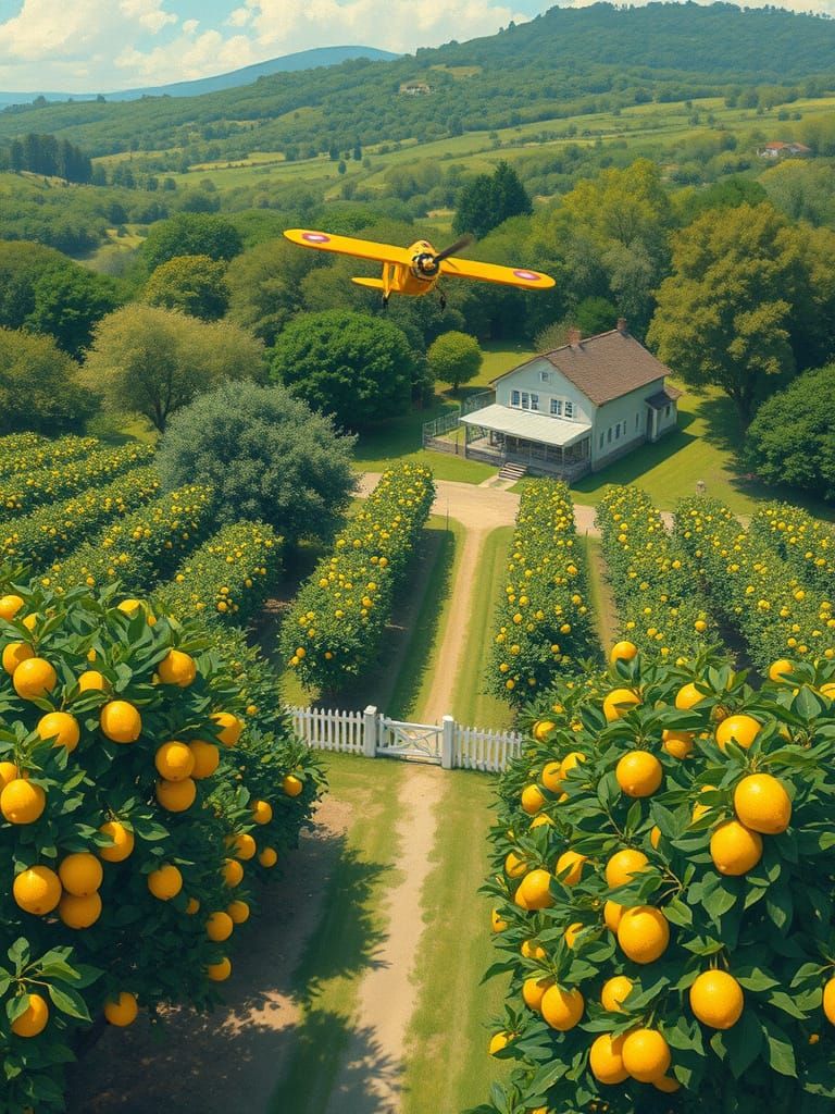Lemon Orchard Aerial View in Gouache Style