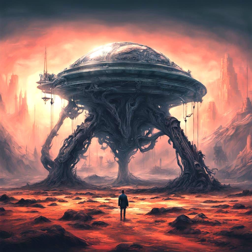 Eerie Alien on Biomechanical Planet in Giger Style