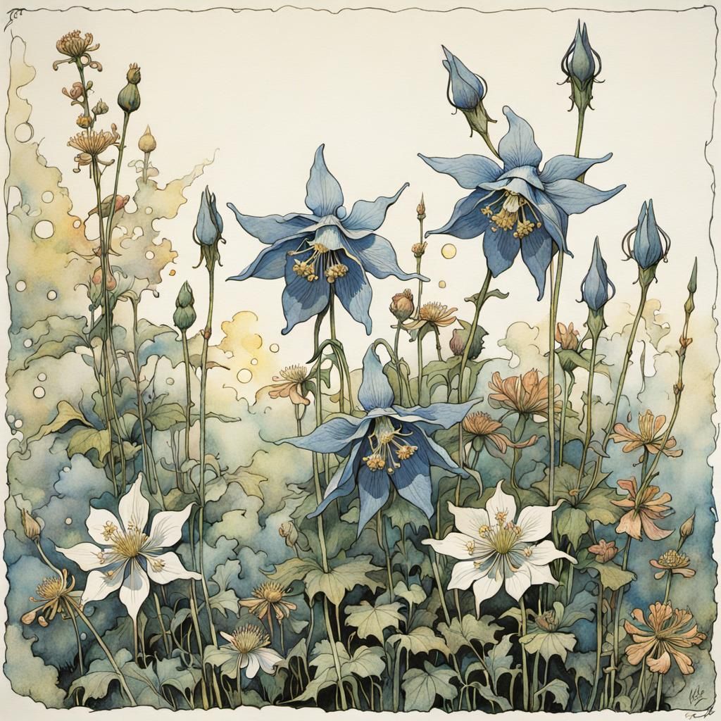 Columbine Flowers in Whimsical Illustration Style