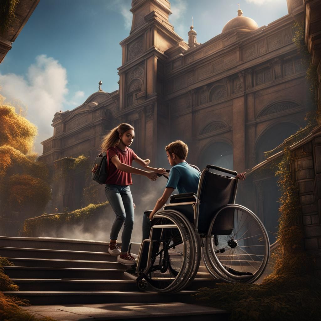 Teenagers and Wheelchair Access in Detailed Digital Art