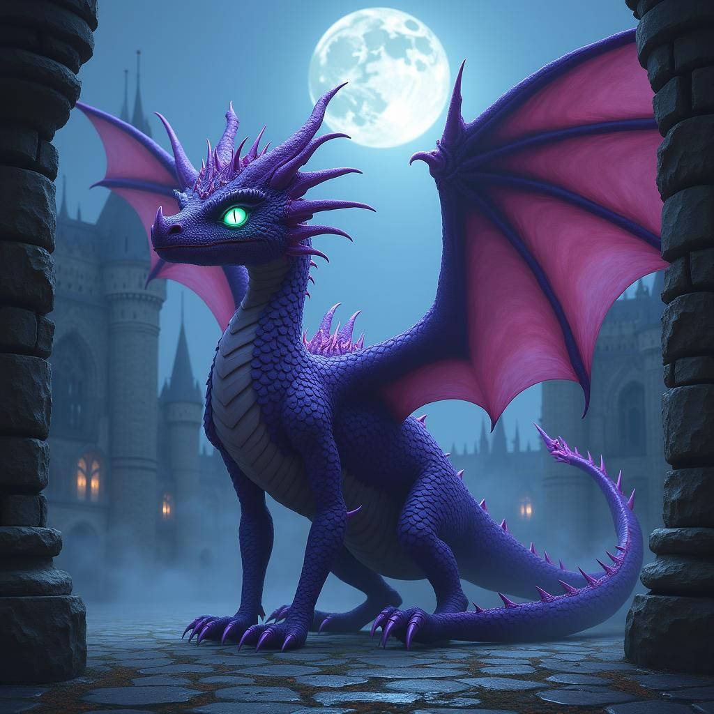 Purple Dragon in Medieval Castle, Fantasy Art