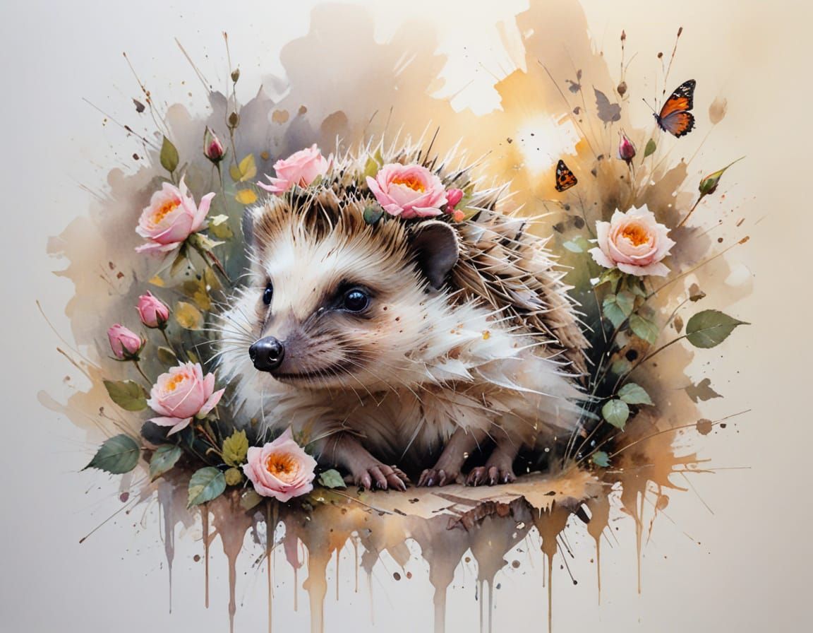 Hedgehog in Garden with Roses and Butterflies, Watercolor St...