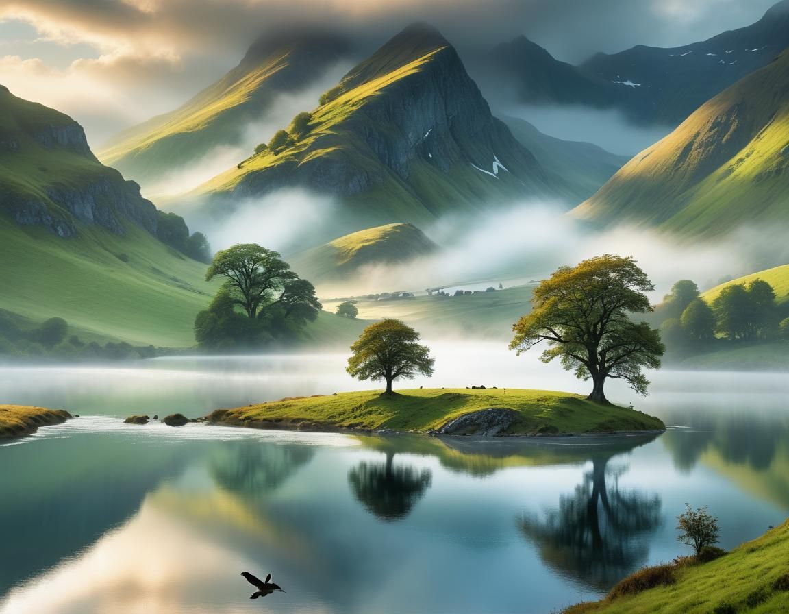 Lone Oak Island in Glacial Valley at Dawn