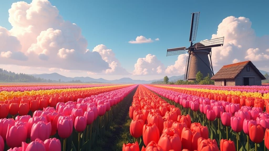 Dreamy Tulip Farm with Windmill in Fantasy Style