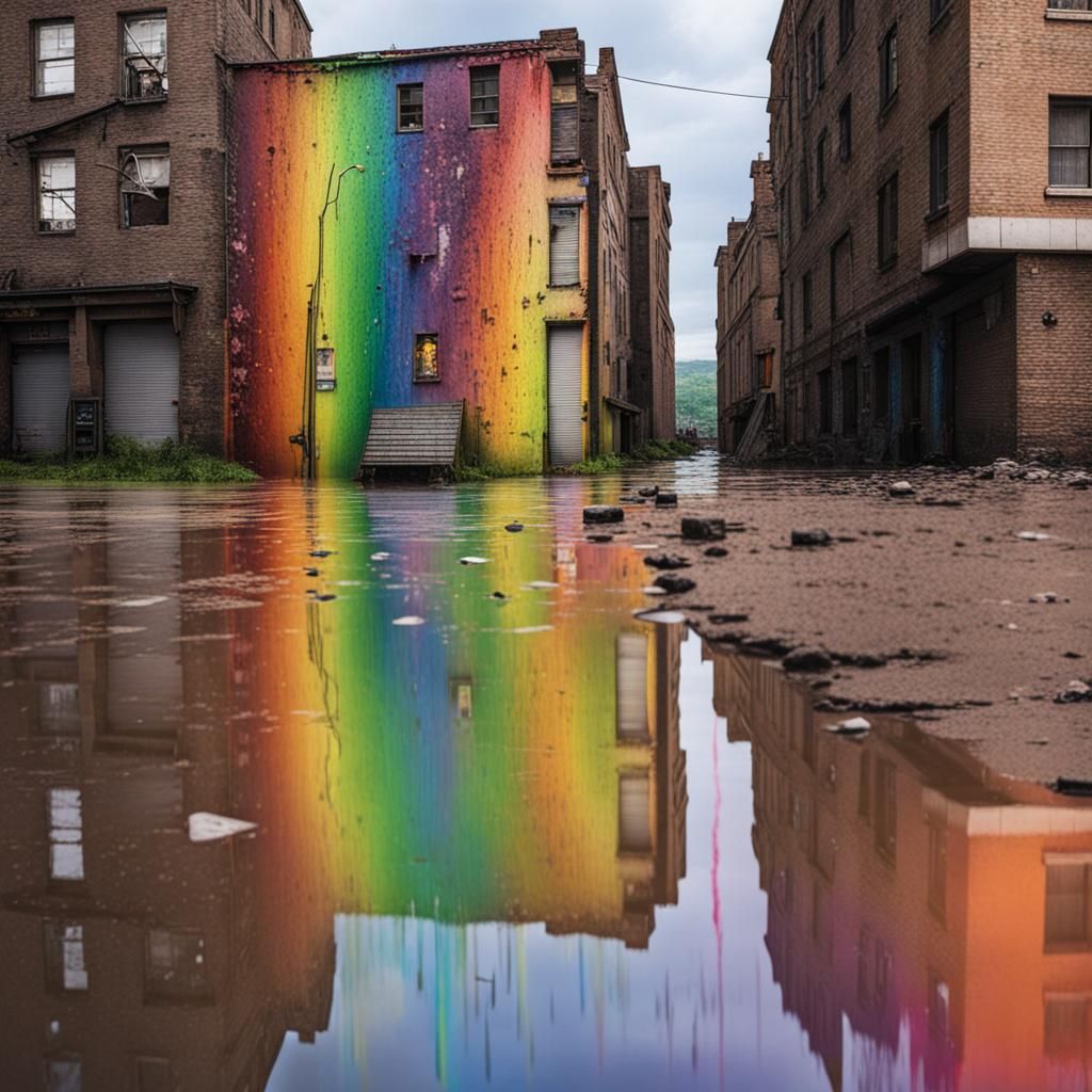 Rainbow Rain Melts Abandoned City