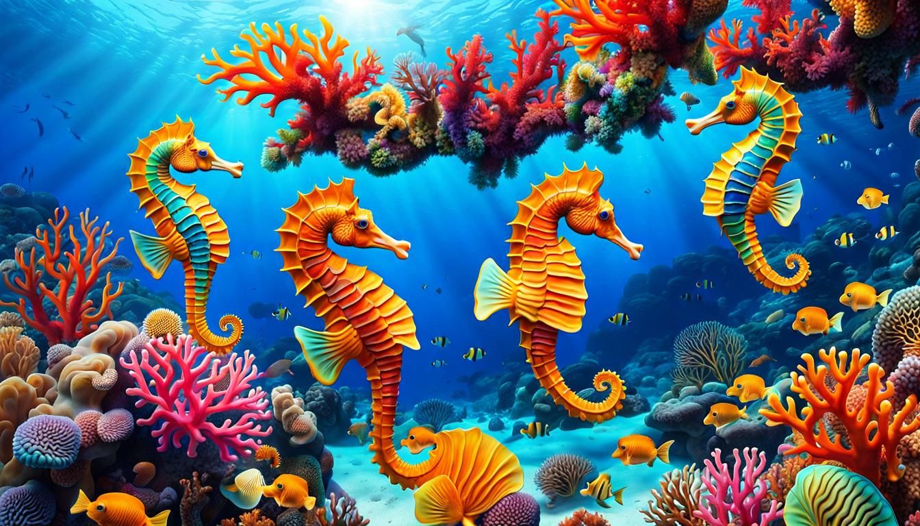 Vibrant Seahorses Dance in Coral Reef