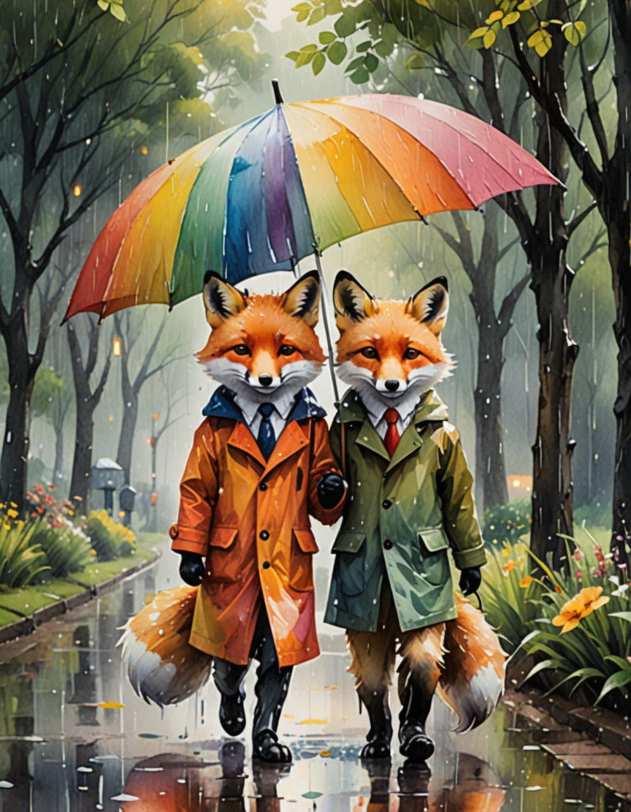 Rainy Day Foxes in Whimsical Watercolor Style