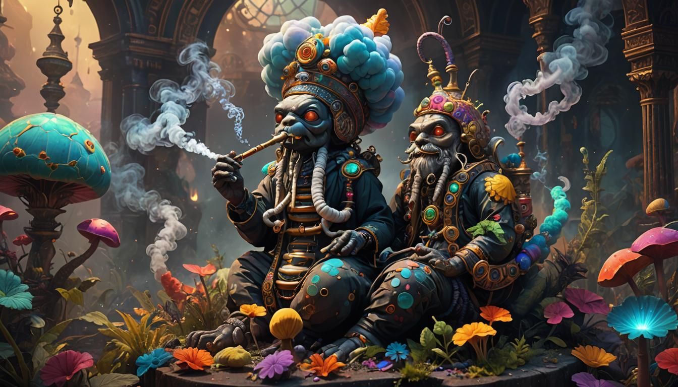 Caterpillar Smoking Hookah on Mushroom, Detailed Fantasy Art