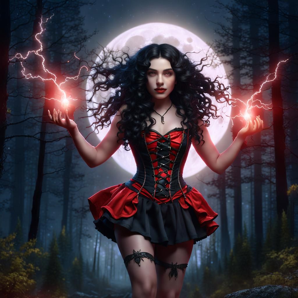 Sorceress Witch Casting Spells in Moonlit Forest