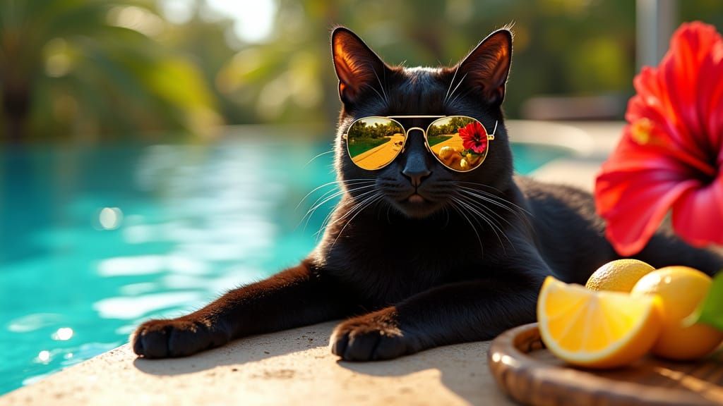 Black Cat Lounging by Infinity Pool in Golden Hour Light