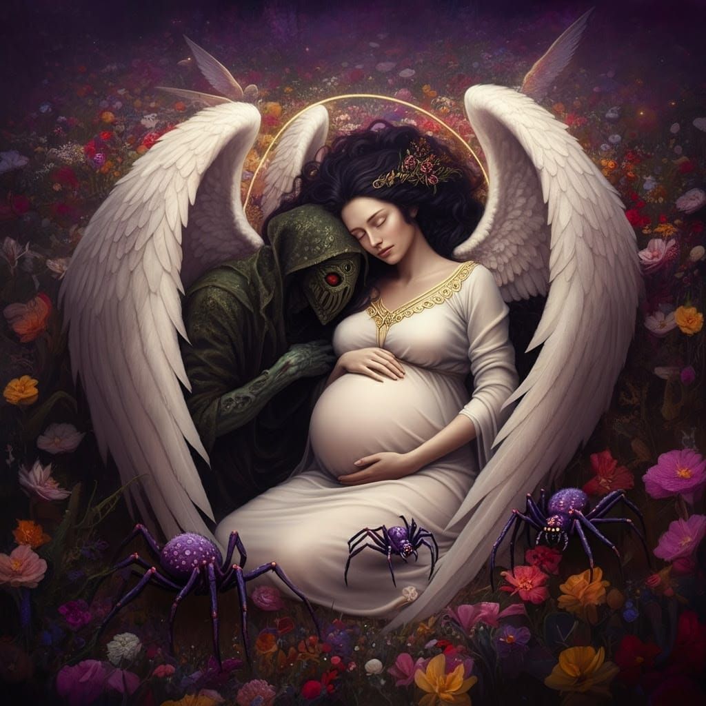 Dreaming Goddess Surrounded by Celestial and Dark Companions