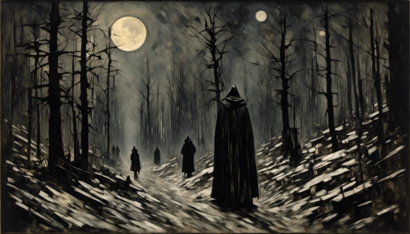 Hooded Figure in Shadowy Moonlit Forest