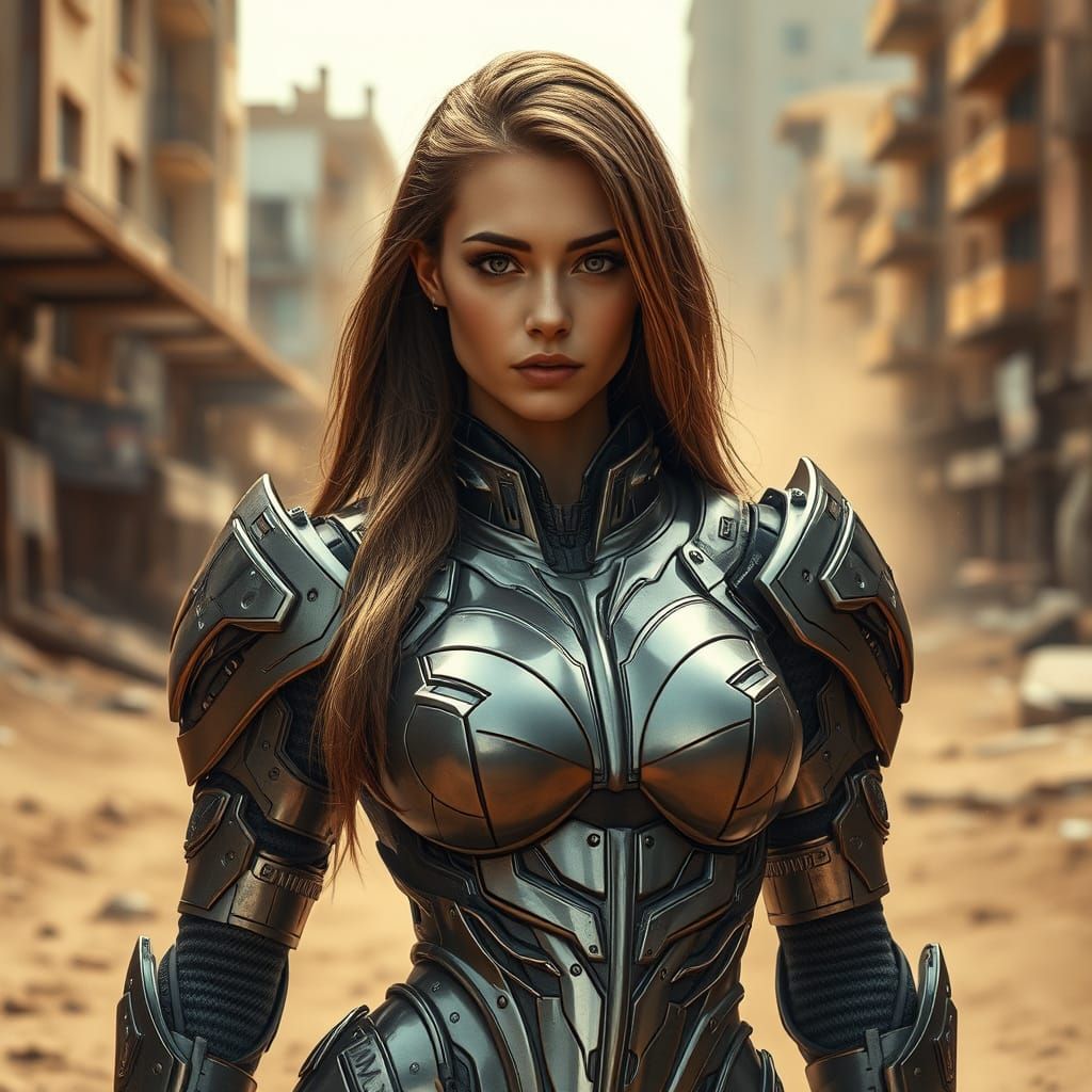 Futuristic Warrior Woman in Post-Apocalyptic City