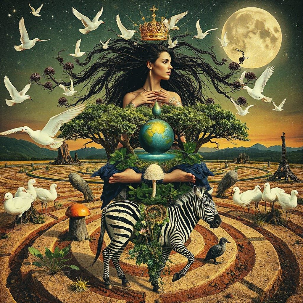 Goddess of Living World Riding Zebra in Cosmic Surreal Lands...