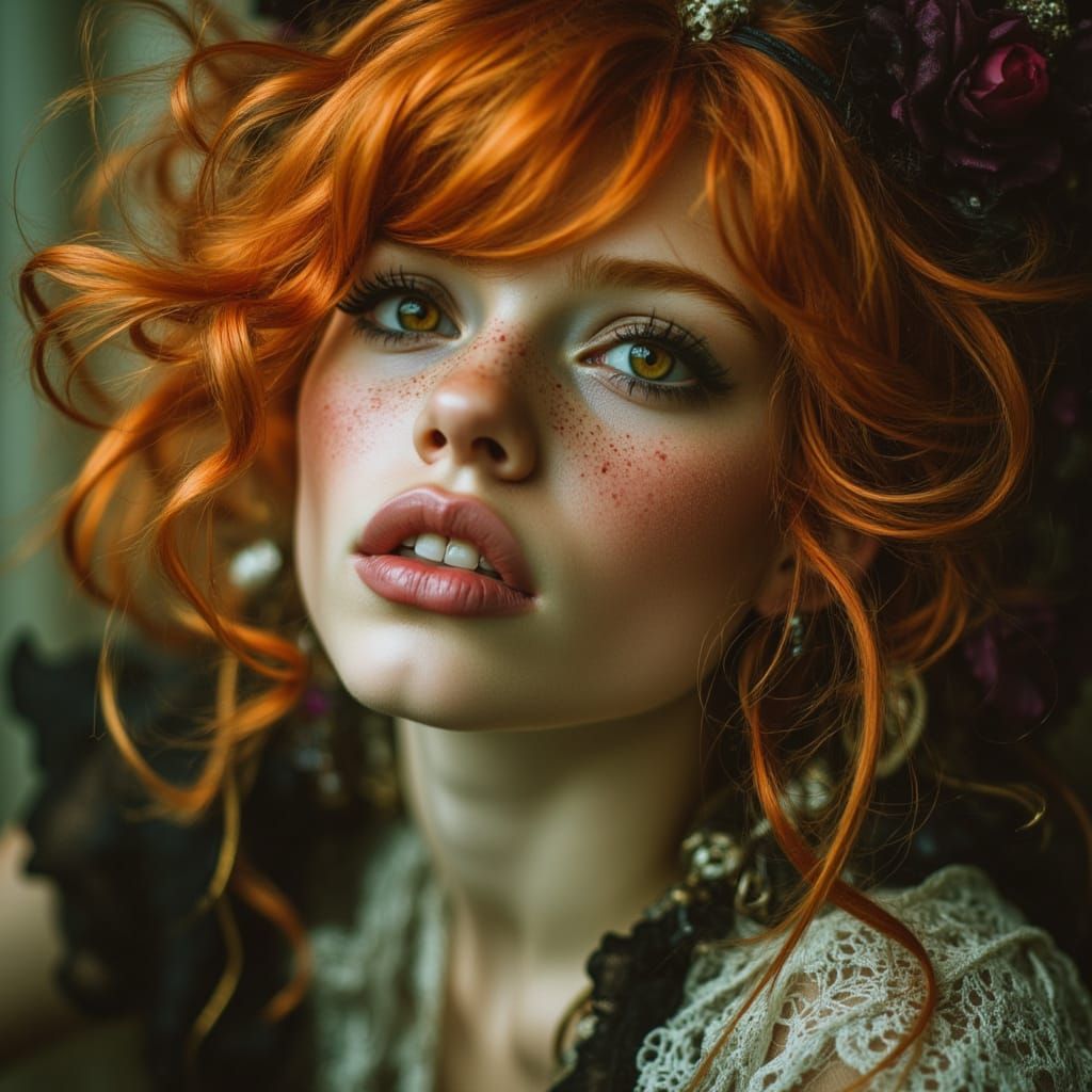 Ethereal Gypsy Punk Portrait with Wild Red Hair