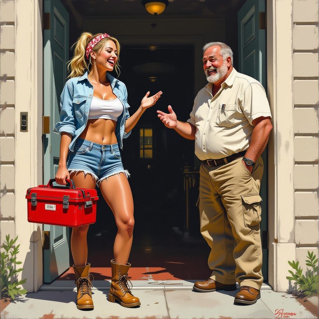 Woman with Toolbox in Apartment Building Entrance