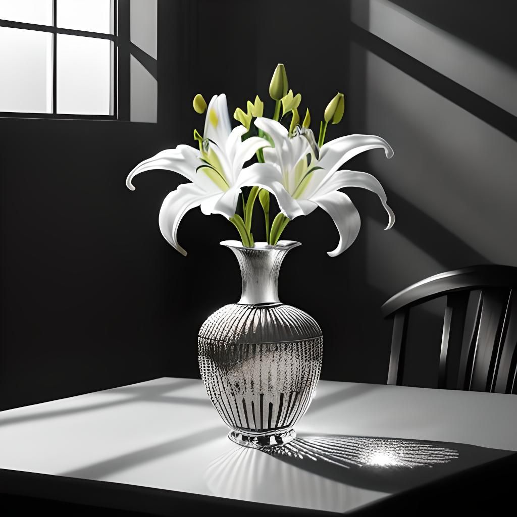 Hyperrealistic Lily in Crystal Vase, Charcoal Art