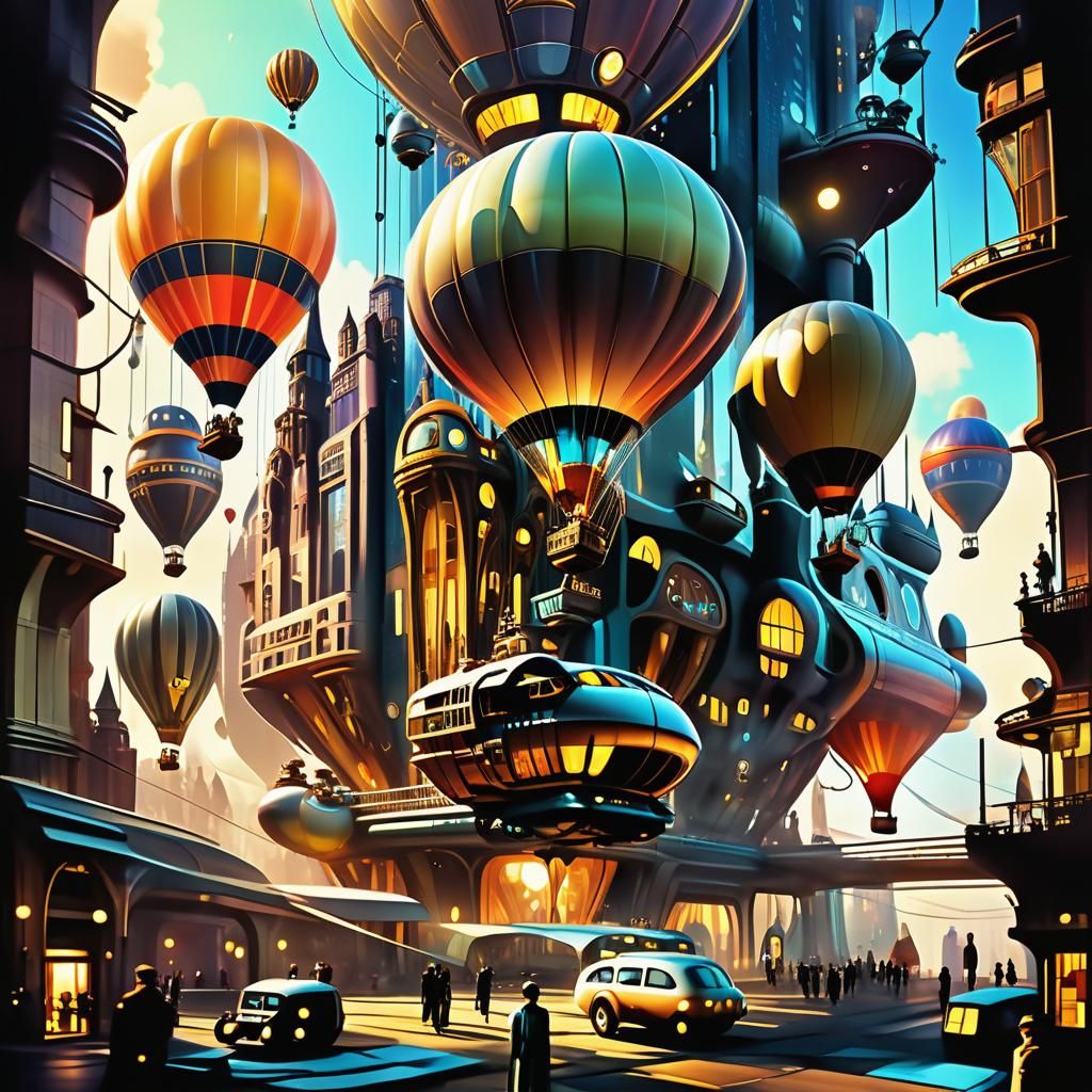 Dreamlike Retrofuturistic Cityscape with Steampunk Airships