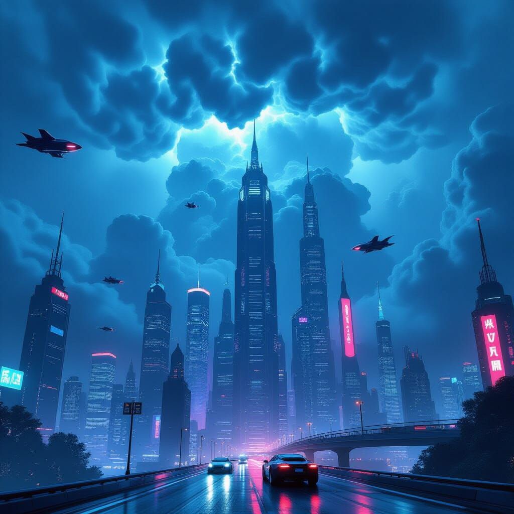 Futuristic City Under Stormy Skies