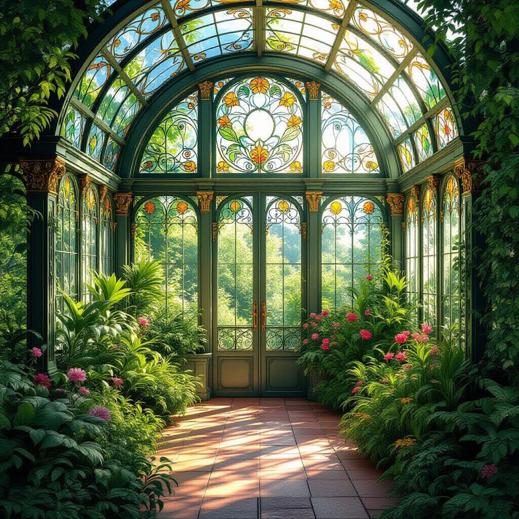 Art Nouveau Greenhouse in Lush Overgrown Garden