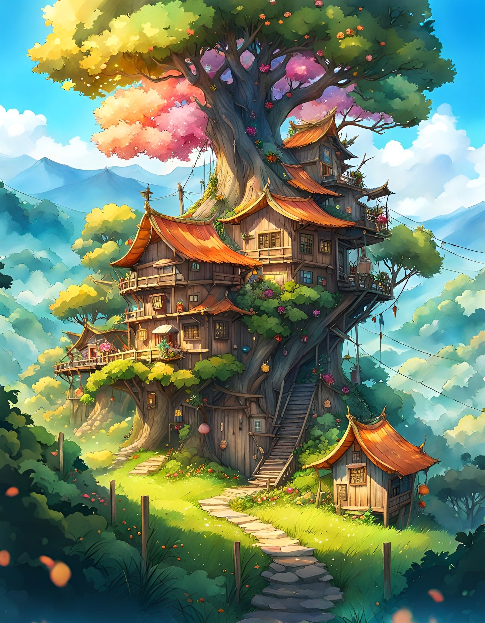 Sparkling Fairy Village Watercolor Landscape