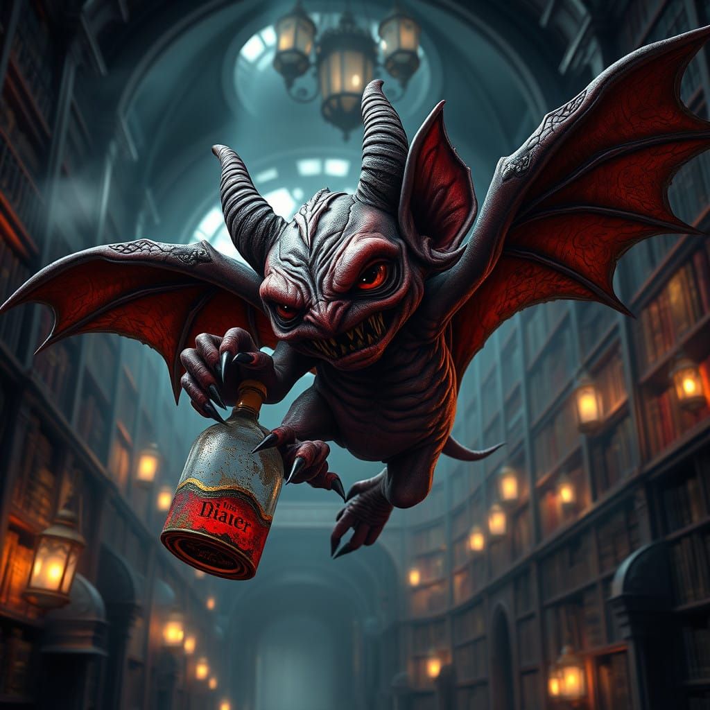 Mystical Imp Soars with Potion in Dark Fantasy Library
