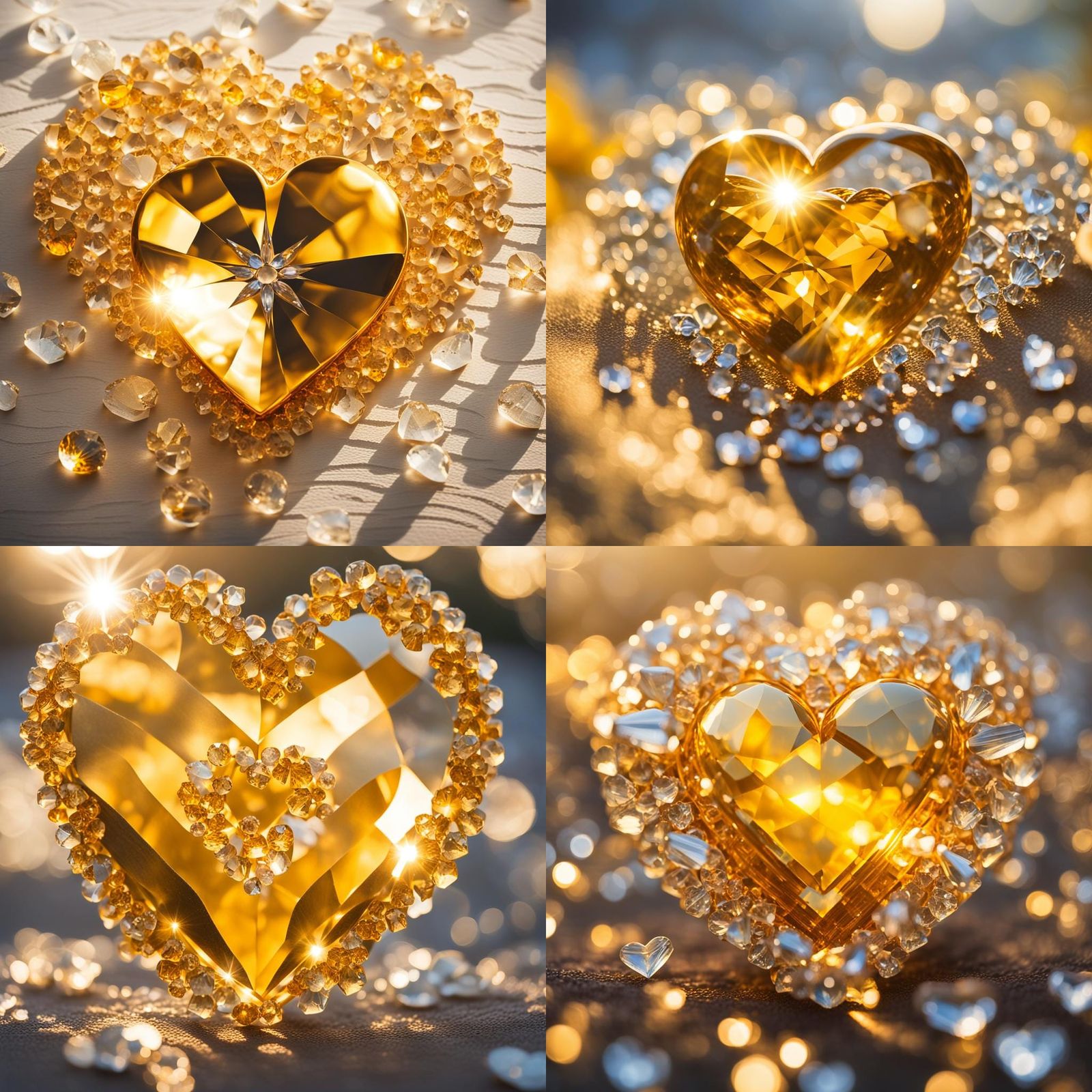 Golden Heart with Sun, Crystals, and Waves