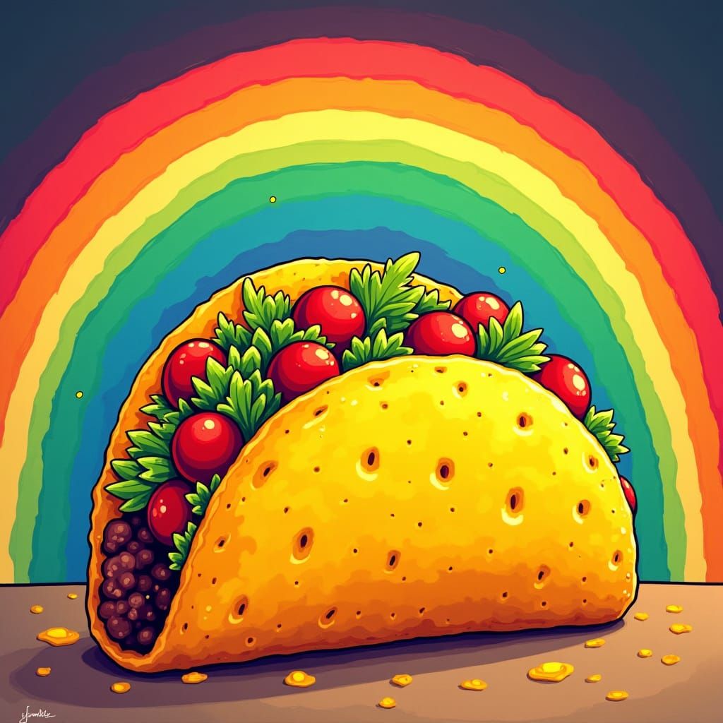 Colorful Taco Under Rainbow in Cartoon Style