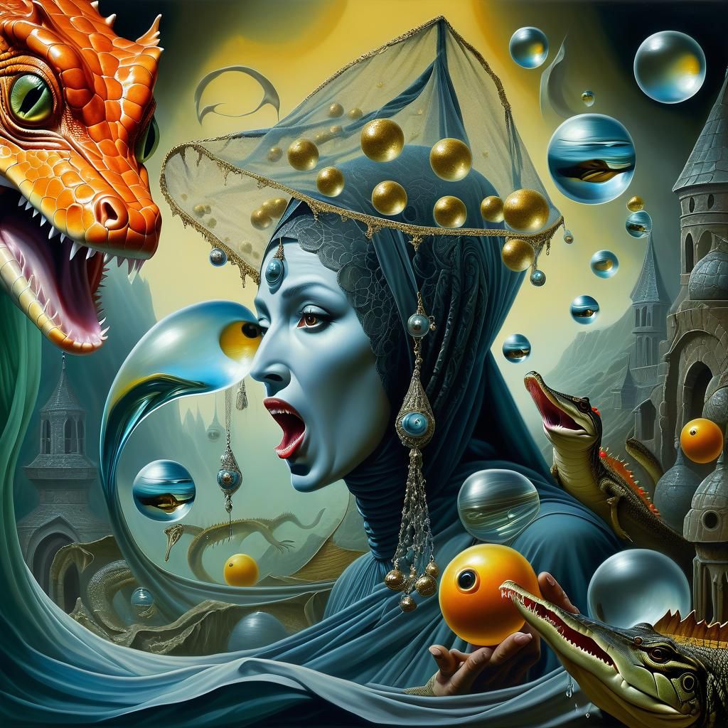 Surreal Fantasy Scene with Woman, Eel, and Alligator