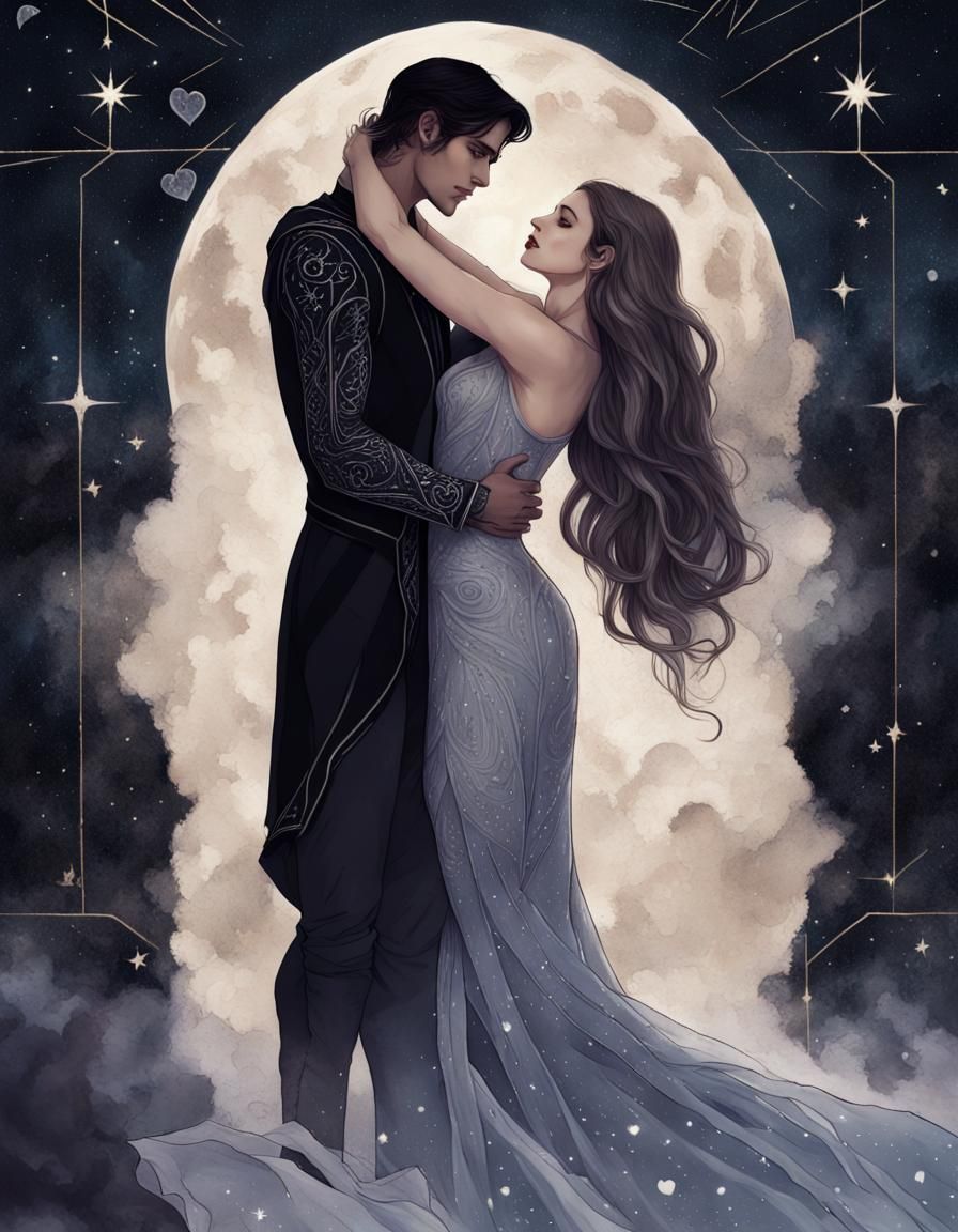 Lovers Tarot Card: Night Court Embrace in Digital Art