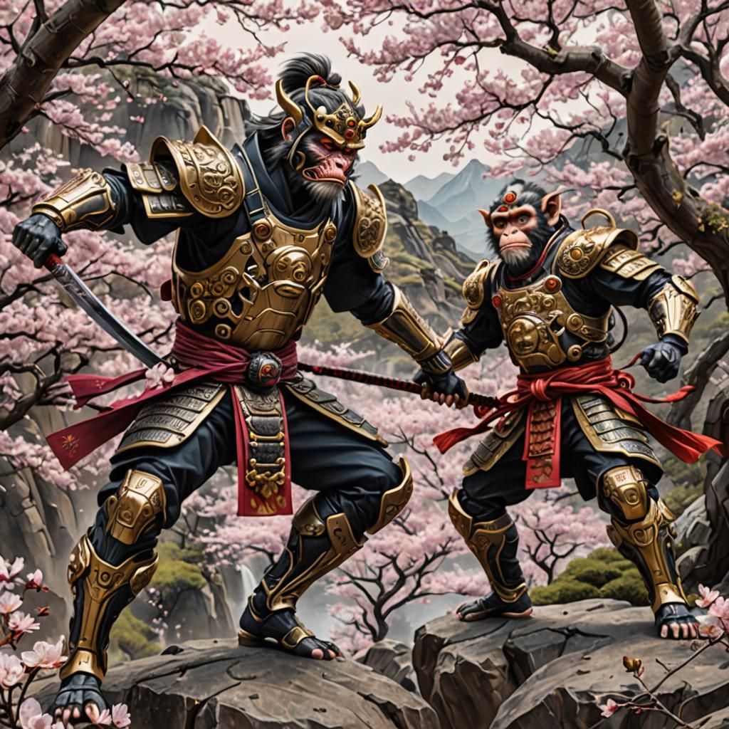 Cyborg Samurai vs Monkey King in Cherry Blossom Canyon