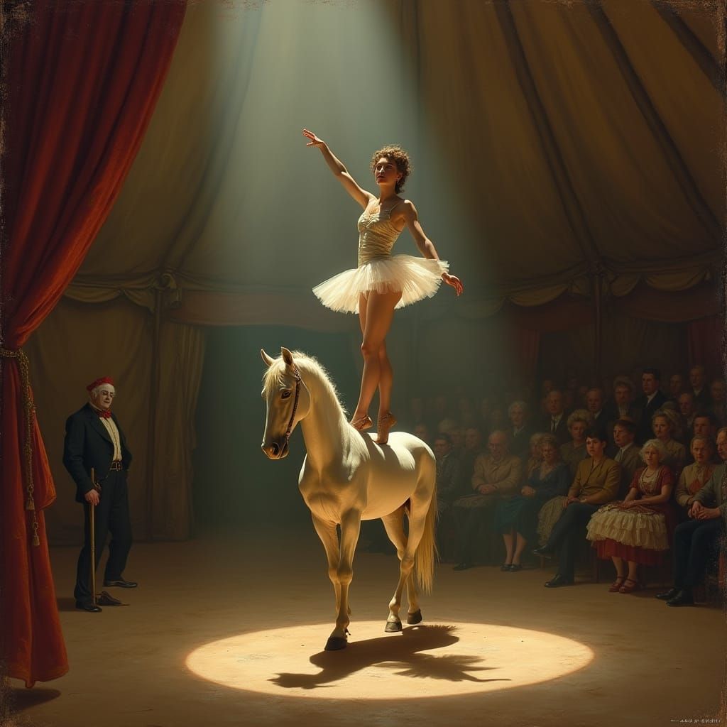 Acrobat Balances on Horse in 1800s Parisian Circus